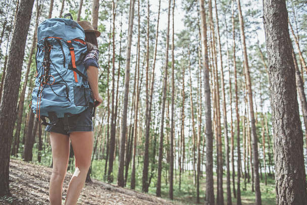Active tourist girl is walking in forest - Φωτογραφία, εικόνα