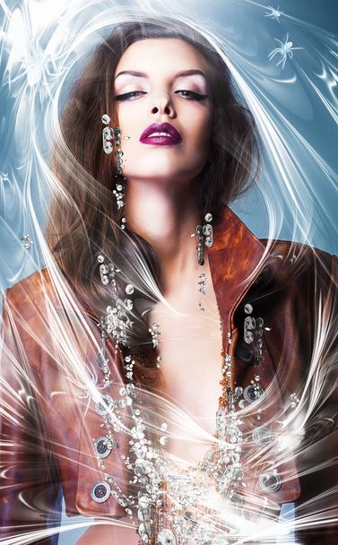 erotic woman with silver accessory in spider web - Φωτογραφία, εικόνα