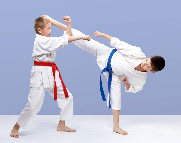 With red and blue belt boys are training strikes and blocks - Photo, Image