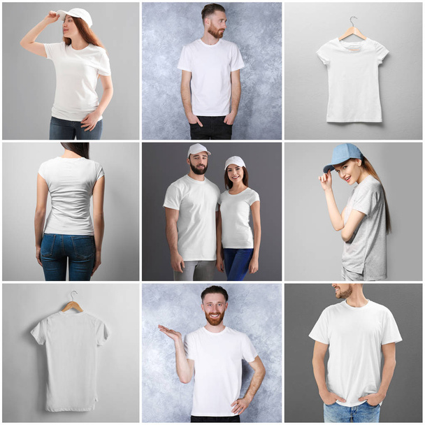 Collage with young people in stylish t-shirts and caps. Mockup for design - Photo, Image