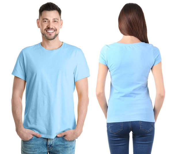 Young people in stylish t-shirts on white background, front and back views. Mockup for design - Photo, Image