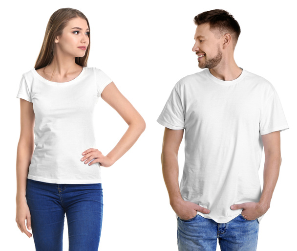 Mies ja nainen tyylikkäissä t-paidoissa valkoisella taustalla, edessä. Mockup suunnittelu
 - Valokuva, kuva