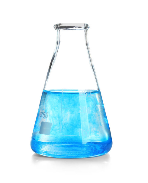 Laboratory glassware with liquid on white background - Photo, Image