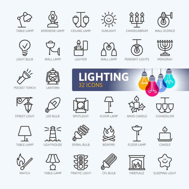 Conjunto de iconos web de luces - conjunto de iconos web de línea delgada mínima. Esquema de la colección de iconos. Ilustración simple vector
 - Vector, Imagen
