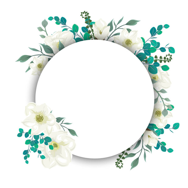 Round template with flowers and leaves - Vektör, Görsel