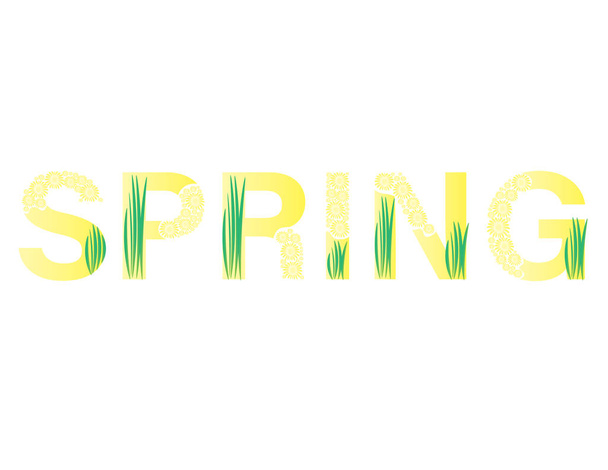 The word spring. Yellow text with yellow flowers and green grass on white background - ベクター画像