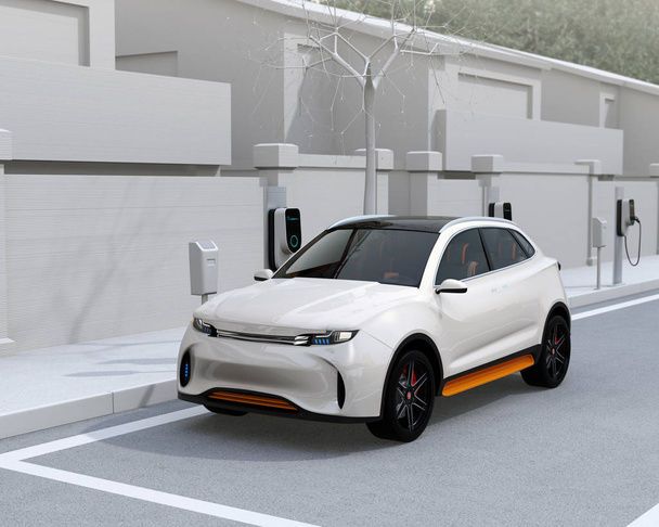 SUV elettrico bianco ricarica al parcheggio con stazione di ricarica in strada. Immagine di rendering 3D
. - Foto, immagini