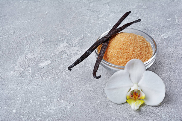 Vanilla pods with a flower and brown cane sugar as ingredient for baking on gray concrete background - Foto, Imagem