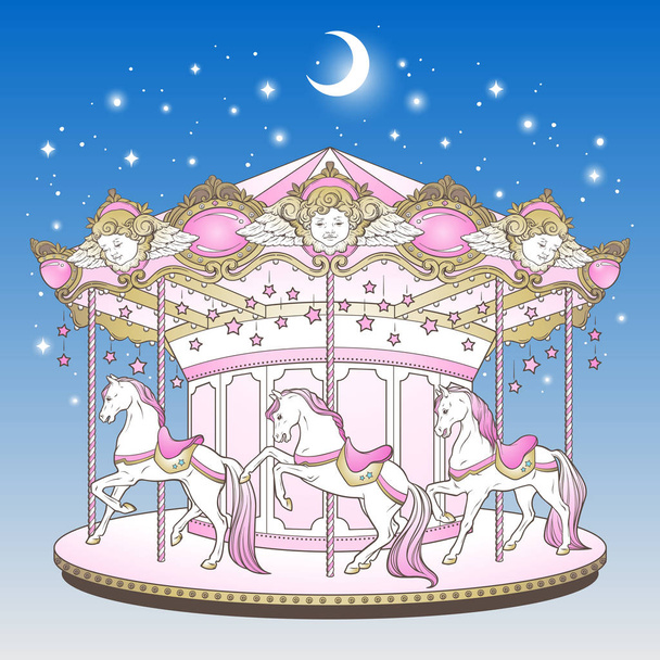 Karussell mit Pferden über blauem Nachthimmel mit Mond und Sternen handgezeichnetem Print-Design für Kinder in Pastellfarben Vektor-Illustration. - Vektor, Bild