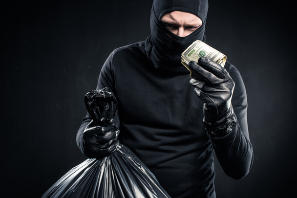 Homme en cagoule tenant un sac plastique avec de l'argent et des dollars
 - Photo, image