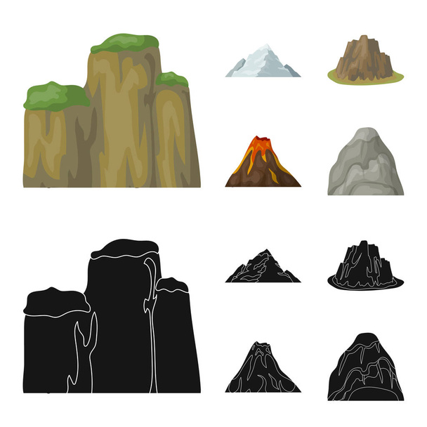 Sheer cliffs, a volcanic eruption, a mountain with a beach, a glacier. Different mountains set collection icons in cartoon,black style vector symbol stock illustration web. - Vector, Imagen