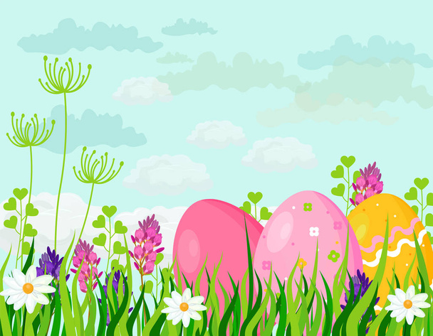 Happy Easter eggs card Vector holiday green background illustration - Vektor, Bild