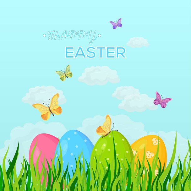 Happy Easter eggs card Vector holiday green background illustration - Вектор,изображение