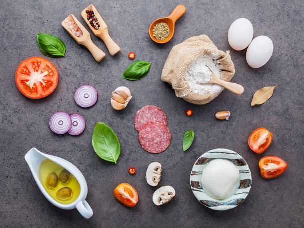 The ingredients for homemade pizza with ingredients sweet basil ,tomato ,garlic ,bay leaves ,pepper ,onion and mozzarella cheese on dark stone background with flat lay. - Fotoğraf, Görsel