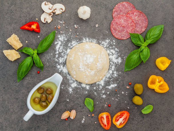 Ingredience pro domácí pizza s ingrediencí bazalka, rajče, česnek, bobkový list, pepř, cibule a mozzarella sýr na tmavém pozadí kamene s plochou lay. - Fotografie, Obrázek