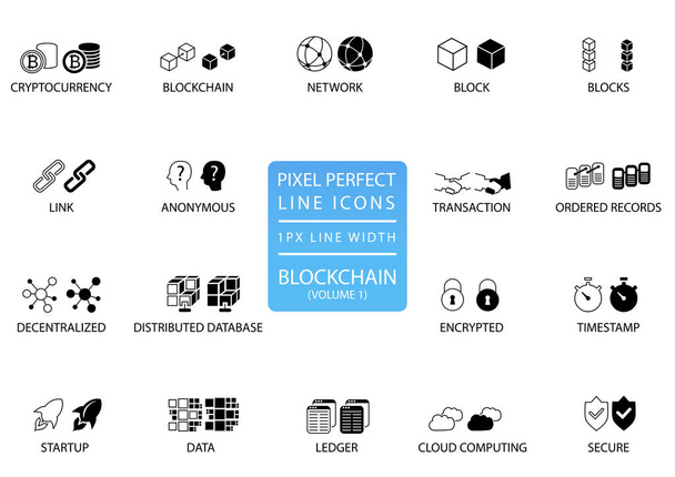 Blockchain e criptomoeda conjunto de ícone de vetor de linha fina. Pixel ícones perfeitos com 1 px de largura de linha para o uso ideal do aplicativo e da web
 - Vetor, Imagem