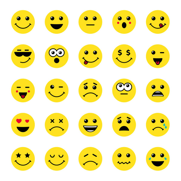Zbiór grafik okrągłe, emotikony i emoji ikony żółty. Uśmiech ikony wektor ilustracja na białym tle. Koncepcja na Światowy dzień uśmiech uśmiechający się karty lub banner - Wektor, obraz