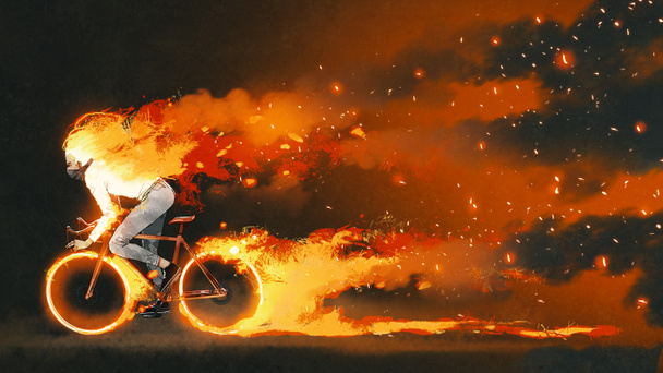 man riding a mountain bike with burning fire on dark background, digital art style, illustration painting - Photo, Image