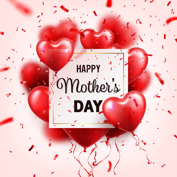 Mothers day background with red hearts balloons and confetti. Greeting card, template. with lettering.Heart shaped. Holiday. - Vektori, kuva