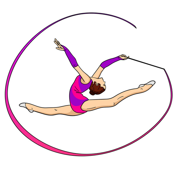 Objekt auf weißem Hintergrund rhythmische Gymnastik, Mädchen mit einem Band am Bindfaden. Farbhintergrund. - Vektor, Bild