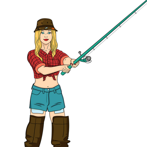Vrouw fisher op de rivier, meisje visser. Bezwaar op witte achtergrond vectorillustratie. Kleur achtergrond. - Vector, afbeelding
