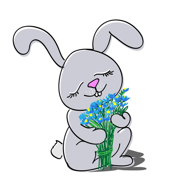 Cute rabbit with bouquet of flowers. - Vector, Image