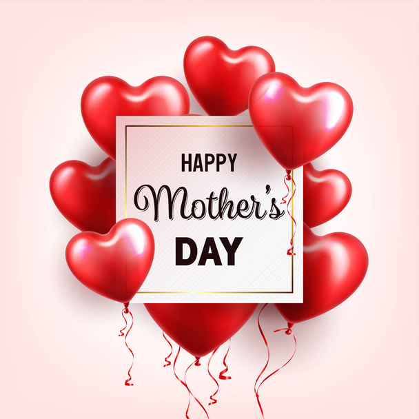 Dia das mães fundo com balões de corações vermelhos. Cartão de felicitações, modelo. com lettering.Heart em forma. Férias
. - Vetor, Imagem
