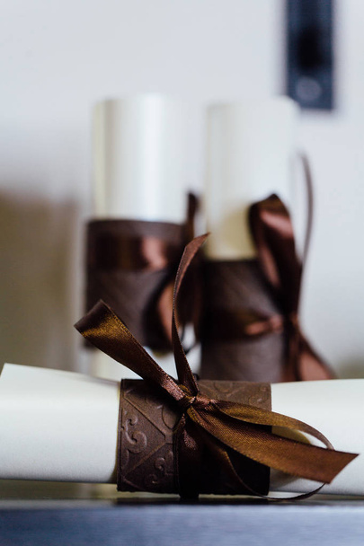 gift Certificate , three close up of paper scroll with brown ribbon. - Foto, Imagem