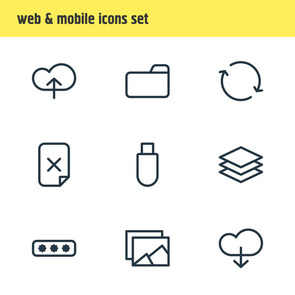 illustration of 9 archive icons line style. Editable set of cloud, category, album and other icon elements. - Valokuva, kuva