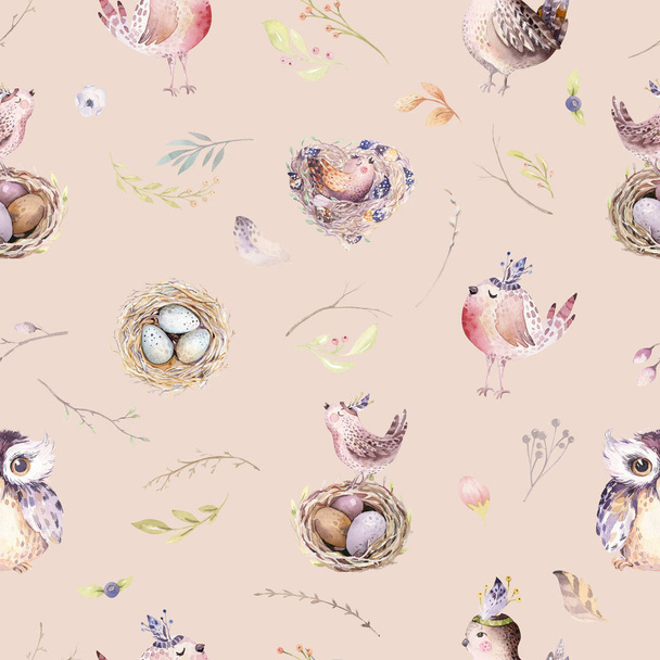 Watercolor spring rustic pattern with nest, birds, branch,tree twigs and feather. Watercolour seamless hand drawn bird background. Vintage, boho illustration - 写真・画像