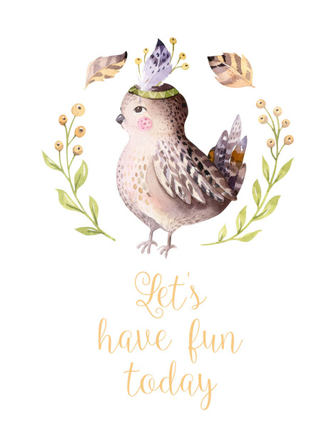 watercolor cartoon bird and floral wreath, let's have fun today text - Photo, image