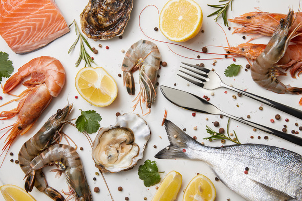 Ωμά ψάρια και διάφορα θαλασσινά με βότανα και λεμόνια που απομονώνονται σε λευκό - Φωτογραφία, εικόνα