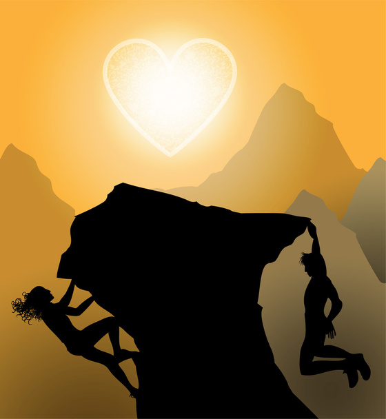 Sunset climbers. Couple climp up to their love - Vector, Image