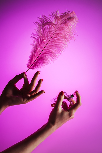 vista recortada de la mujer sensual rociando perfume sobre pluma, aislado en rosa
 - Foto, imagen