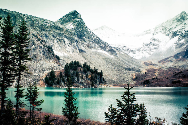 Beau lac turquoise dans les montagnes. Beauté de la nature. Visite à pied à travers la réserve naturelle de l'Altaï
. - Photo, image