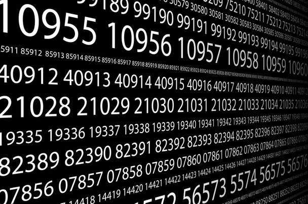 Abstract background image of a set of consecutive five-digit white numbers of different sizes on a black background in perspective. The concept of brute force for cracking passwords - Photo, Image