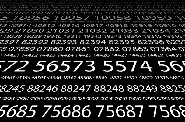 Абстрактне зображення тла набору послідовних п'ятизначних білих чисел різного розміру на чорному тлі в перспективі. Концепція грубої сили для зламу паролів
 - Фото, зображення
