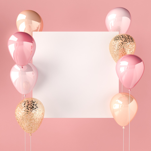 Pink color and golden balloons with sequins and white sticker. Pink background for social media. 3D render for birthday, party, wedding or promotion banners. Vibrant and realistic illustration. - Photo, Image