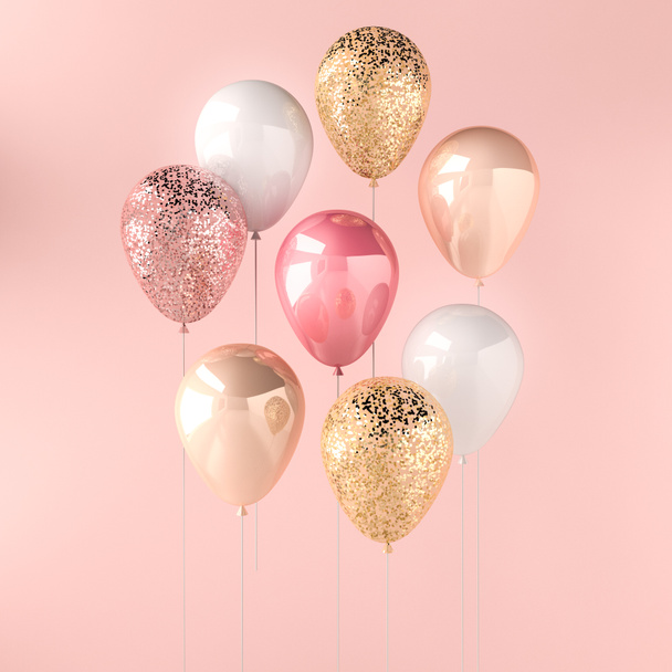 Joukko vaaleanpunainen, valkoinen ja kultainen kiiltävä ilmapalloja kiinni kimaltelee vaaleanpunainen tausta. 3D tehdä syntymäpäivä, puolue, häät tai edistäminen bannereita tai julisteita. Vilkas ja realistinen kuva
. - Valokuva, kuva