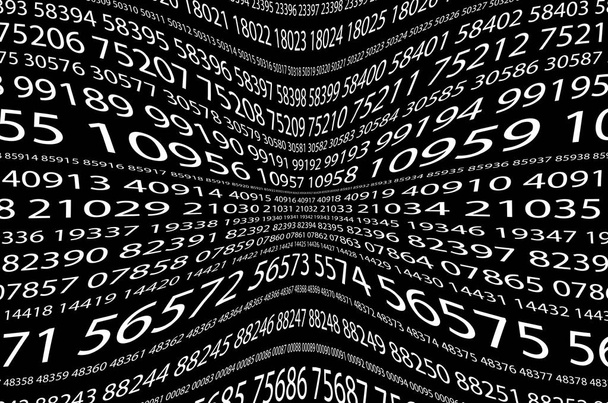 Abstract background image of a set of distorted five-digit white numbers of different sizes on a black background. The concept of brute force for cracking passwords - Photo, Image