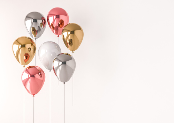 Zestaw realistyczne błyszczący balony metaliczne z pustej przestrzeni dla urodziny, party, media społecznościowe banerów lub plakaty. 3D render ilustracja. International Women's Day motywy. - Zdjęcie, obraz