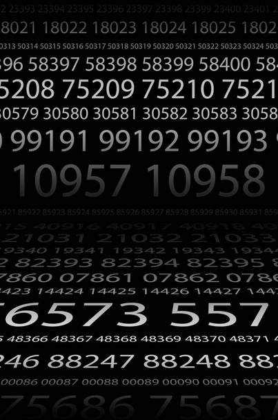 Abstrakti taustakuva mustasta tilasta sarjasta viisinumeroisia, erikokoisia valkoisia numeroita. Käsite raaka voima halkeilua salasanoja
 - Valokuva, kuva