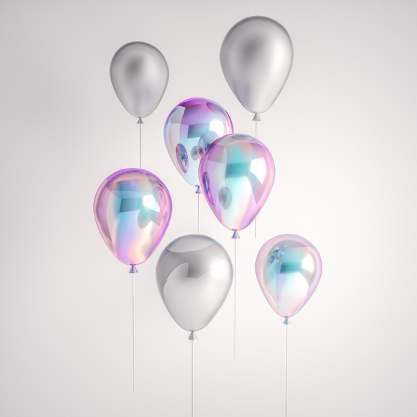 Set de globos holográficos y plateados de iridiscencia aislados sobre fondo gris. Elementos 3D de diseño realista de moda para cumpleaños, presentación, promoción, fiesta u otros eventos
. - Foto, Imagen
