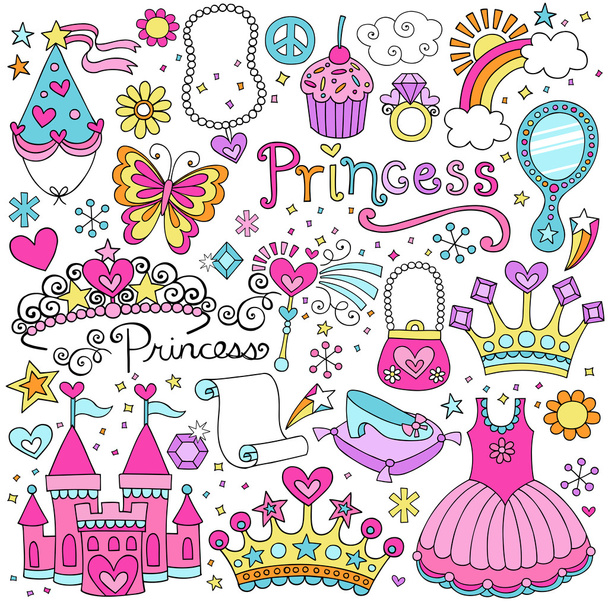 Τιάρα πριγκίπισσα στέμμα σημειωματάριο doodles σχεδιασμού στοιχεία σύνολο-εικονογράφηση - Διάνυσμα, εικόνα
