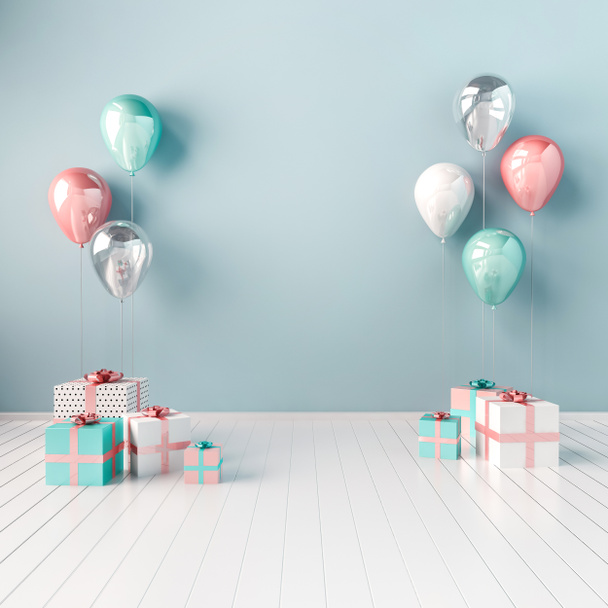 3D-Interieur-Illustration mit blauen, weißen und rosa Luftballons und Geschenkboxen. Hochglanzkomposition mit leerem Raum für Geburtstag, Ostern, Party oder andere Werbebanner in den sozialen Medien. - Foto, Bild
