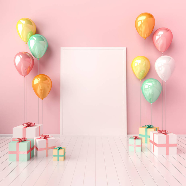3D εσωτερικό ομοίωμα εικονογράφηση με ροζ και μπλε μπαλόνια και κουτιά δώρων. Γυαλιστερό σύνθεση με αφίσα μεγέθους κενό χώρο για γενέθλια, πάρτι ή άλλες πανό προώθηση κοινωνικών μέσων μαζικής ενημέρωσης. - Φωτογραφία, εικόνα