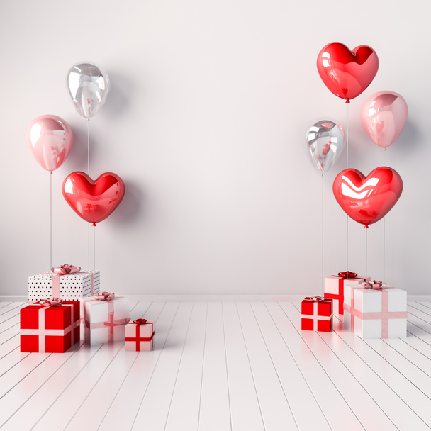 3D ilustración interior con globos de corazón rojo y rosa y cajas de regalo. Brillante composición con espacio vacío para boda, fiesta u otros banners de promoción redes sociales. - Foto, imagen