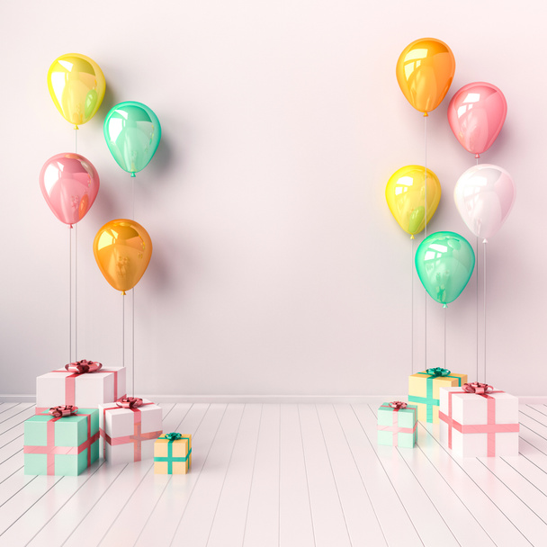 ilustração 3D e interior com balões brancos, amarelos, azuis e rosa e caixas de presente. Composição lustrosa com espaço vazio para aniversário, Páscoa, festa ou outros banners de mídia social de promoção. - Foto, Imagem