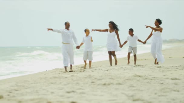 Parents ethniques enfants passer des vacances ensemble parler sur la plage
 - Séquence, vidéo