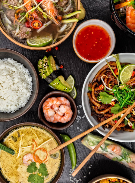 Asian food variation with many kinds of meals. Top view - Foto, Imagem